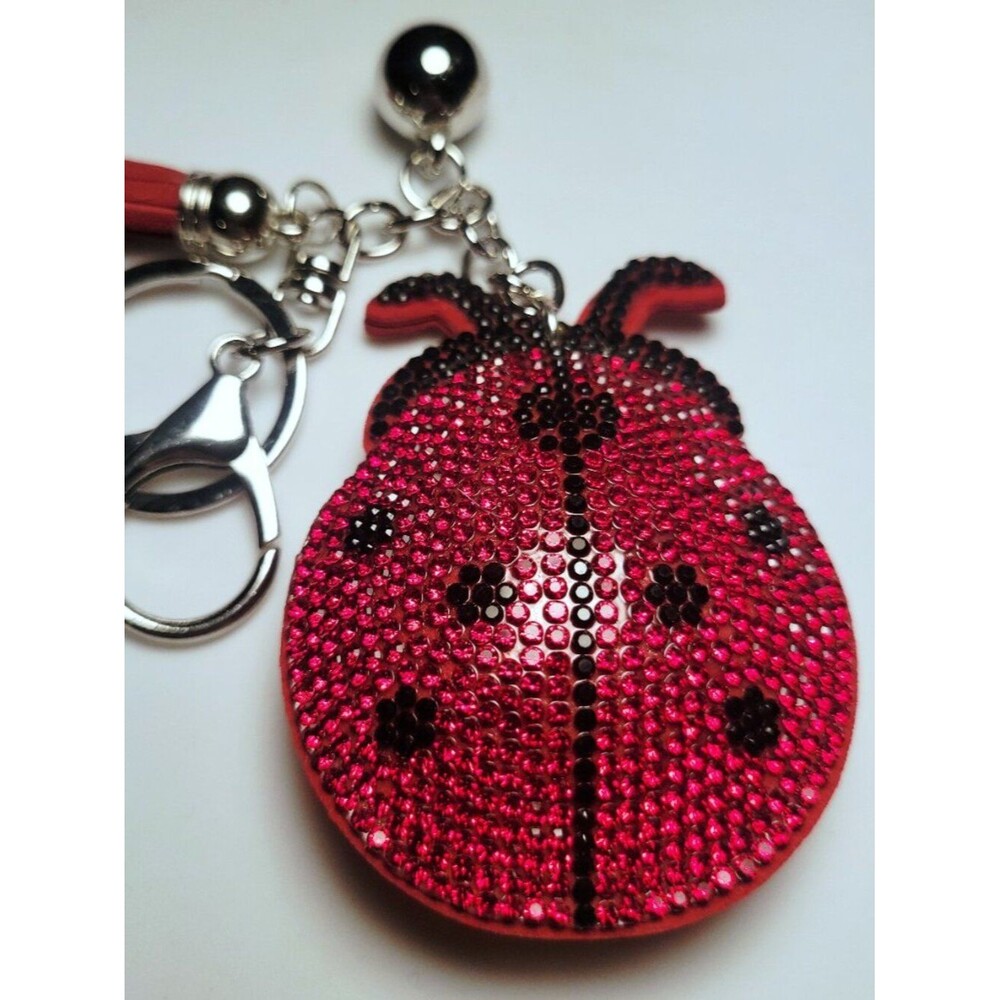 NWT Large Red And Black Silver Puffy Ladybug Keychain Bag Charm With Tassel